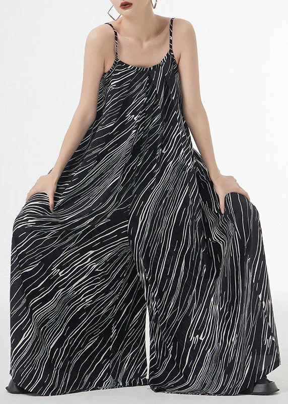 Loose Black Striped Patchwork Silk Cotton Wide Leg Jumpsuits Sleeveless LY9342