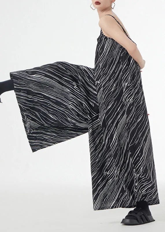 Loose Black Striped Patchwork Silk Cotton Wide Leg Jumpsuits Sleeveless LY9342