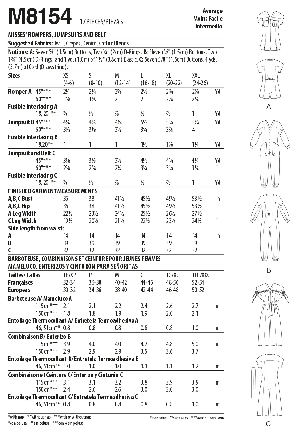 McCall's Pattern M8154 Misses' Rompers, Jumpsuits & Belt