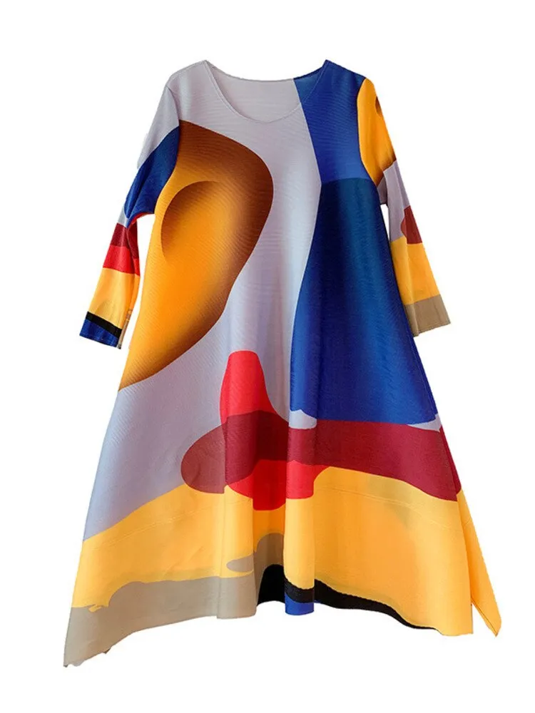 Miyake Pleated Contrast Print Midi Dress