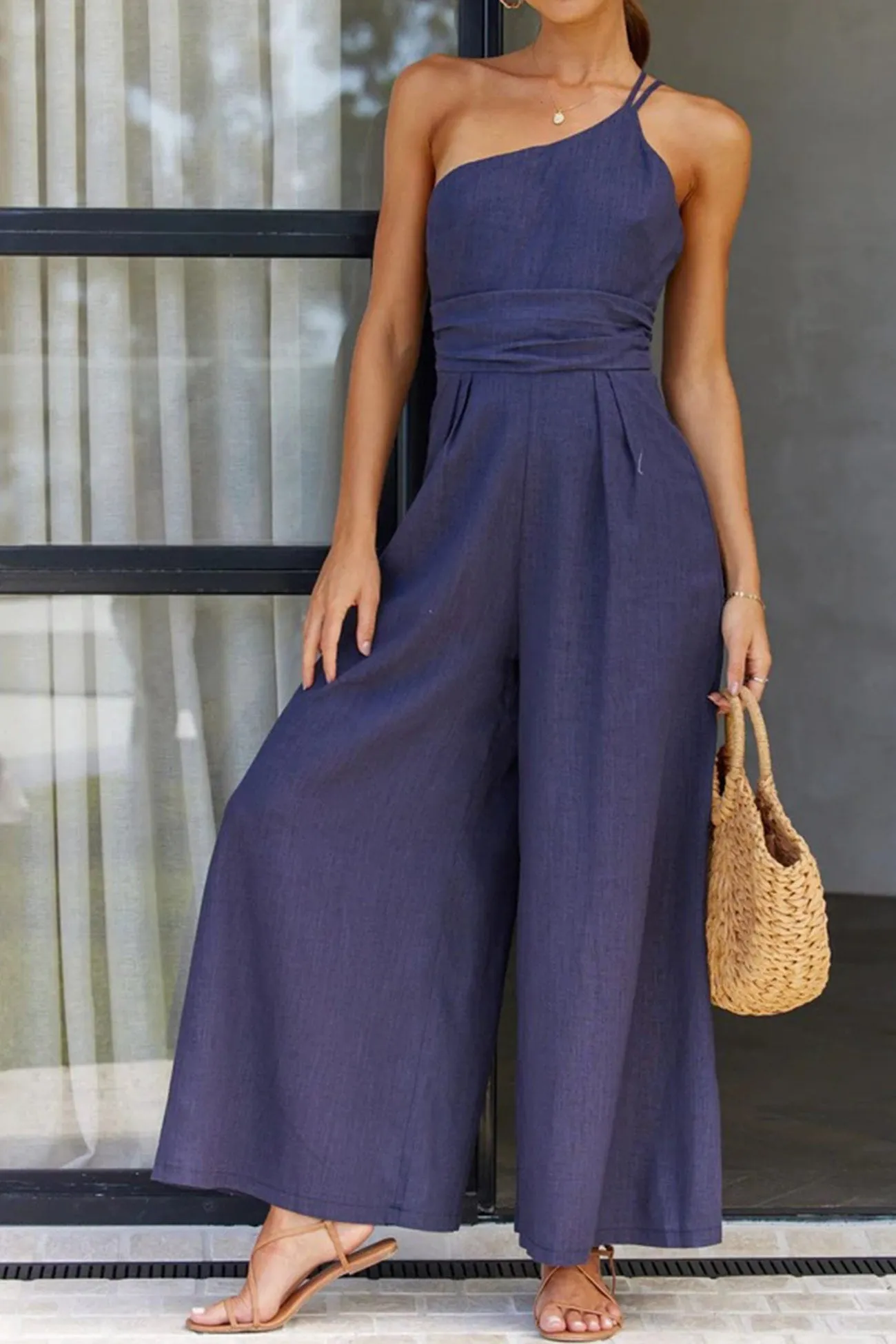 One Shoulder Solid Color Wide Leg Jumpsuits