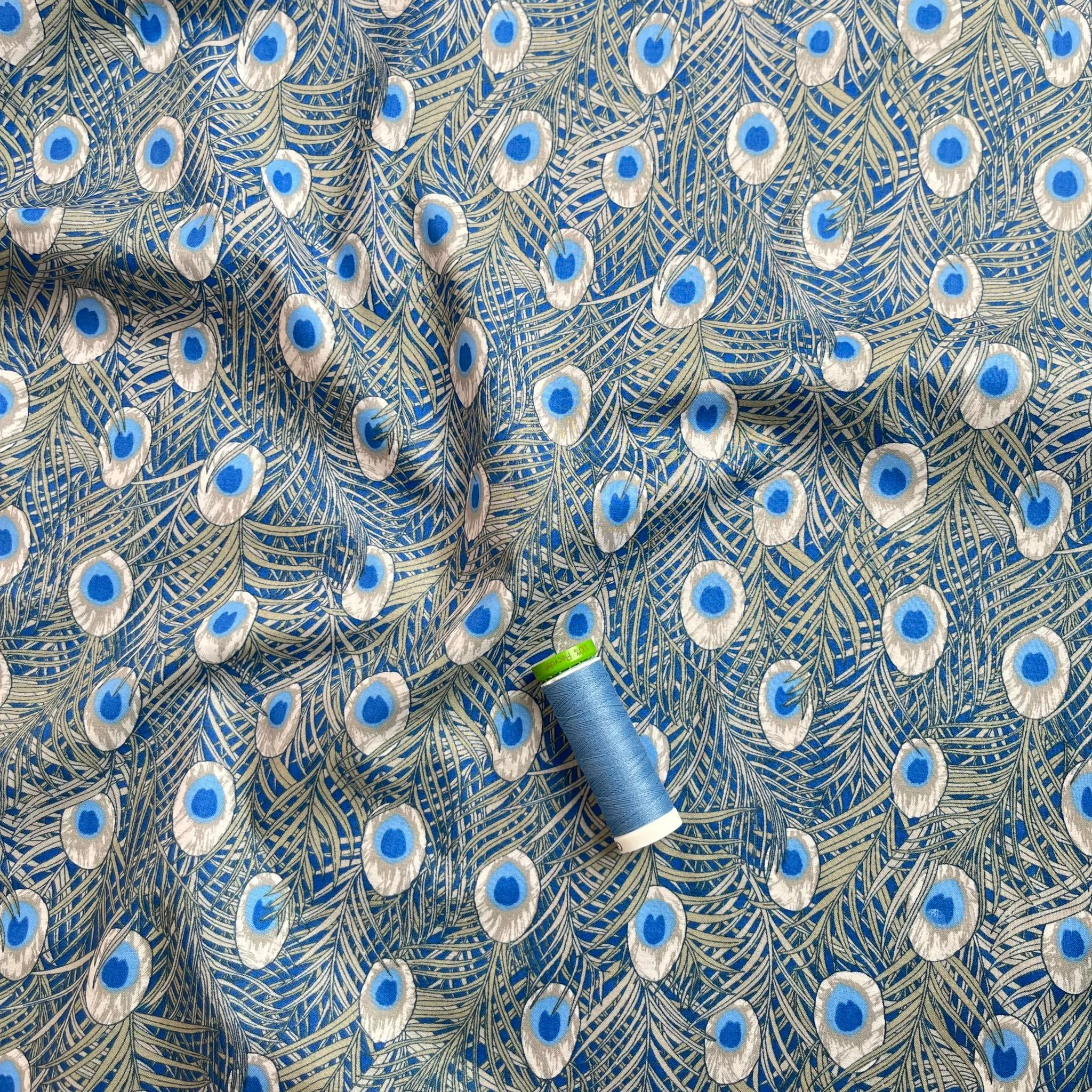 Peacock in Blue Cotton Lawn Fabric