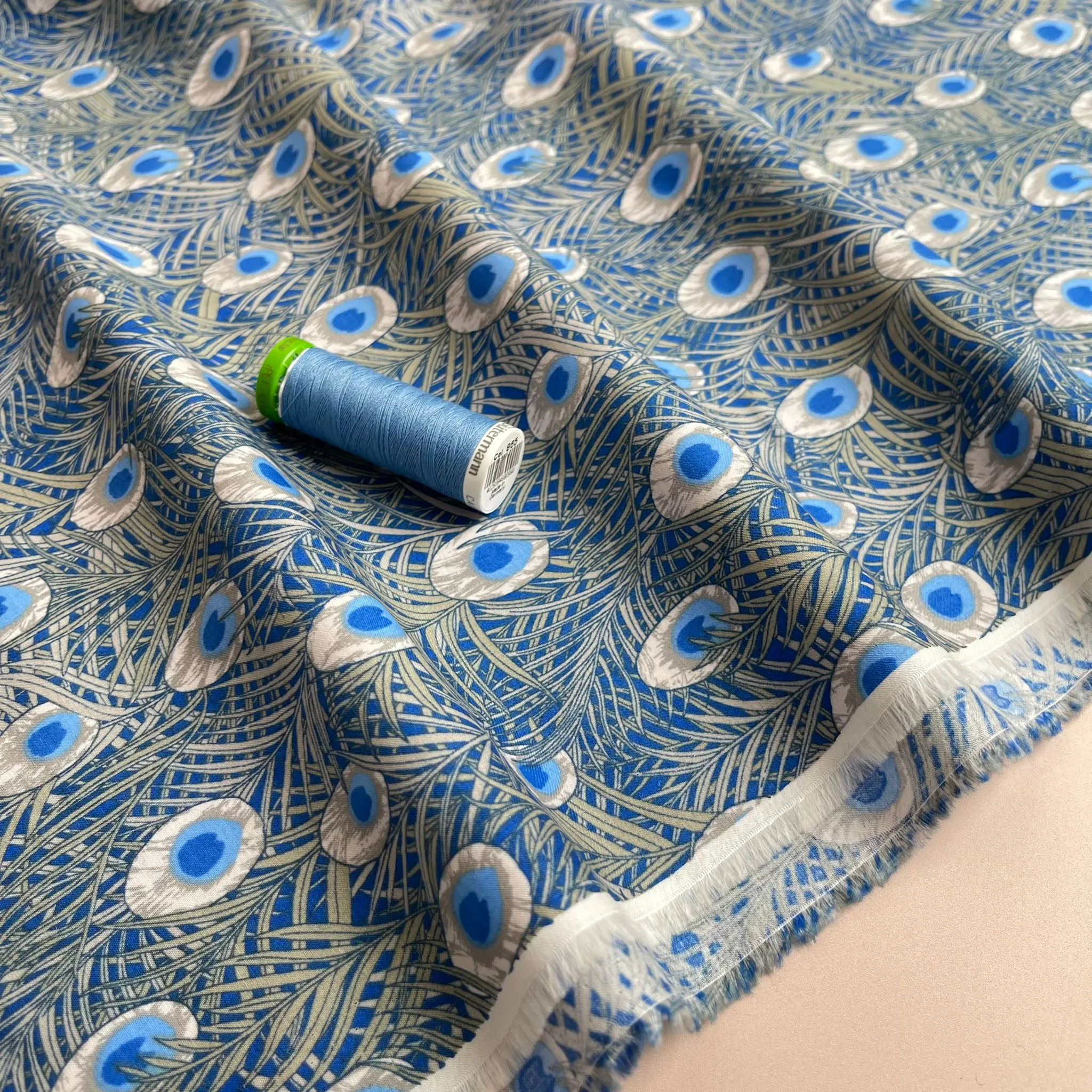 Peacock in Blue Cotton Lawn Fabric