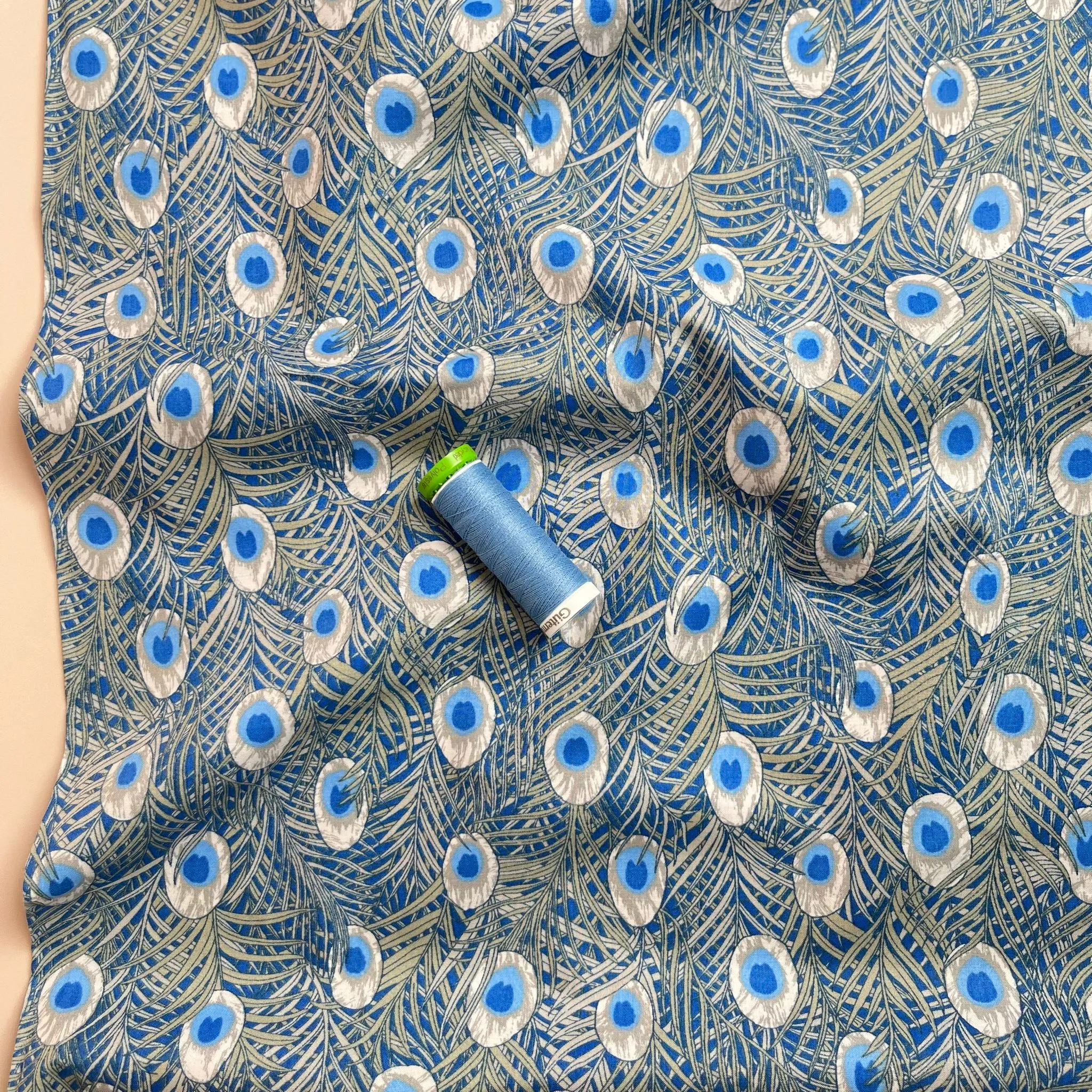 Peacock in Blue Cotton Lawn Fabric