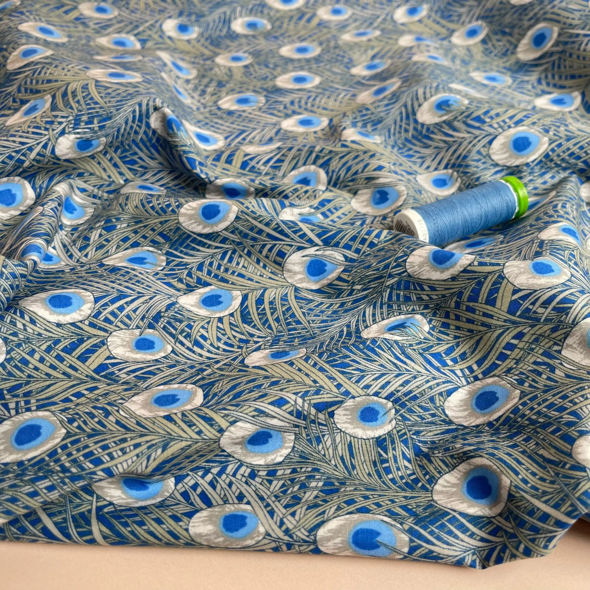 Peacock in Blue Cotton Lawn Fabric