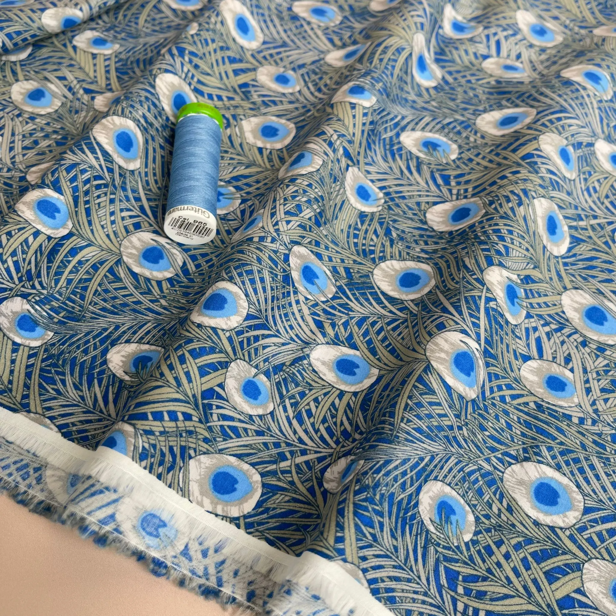 Peacock in Blue Cotton Lawn Fabric