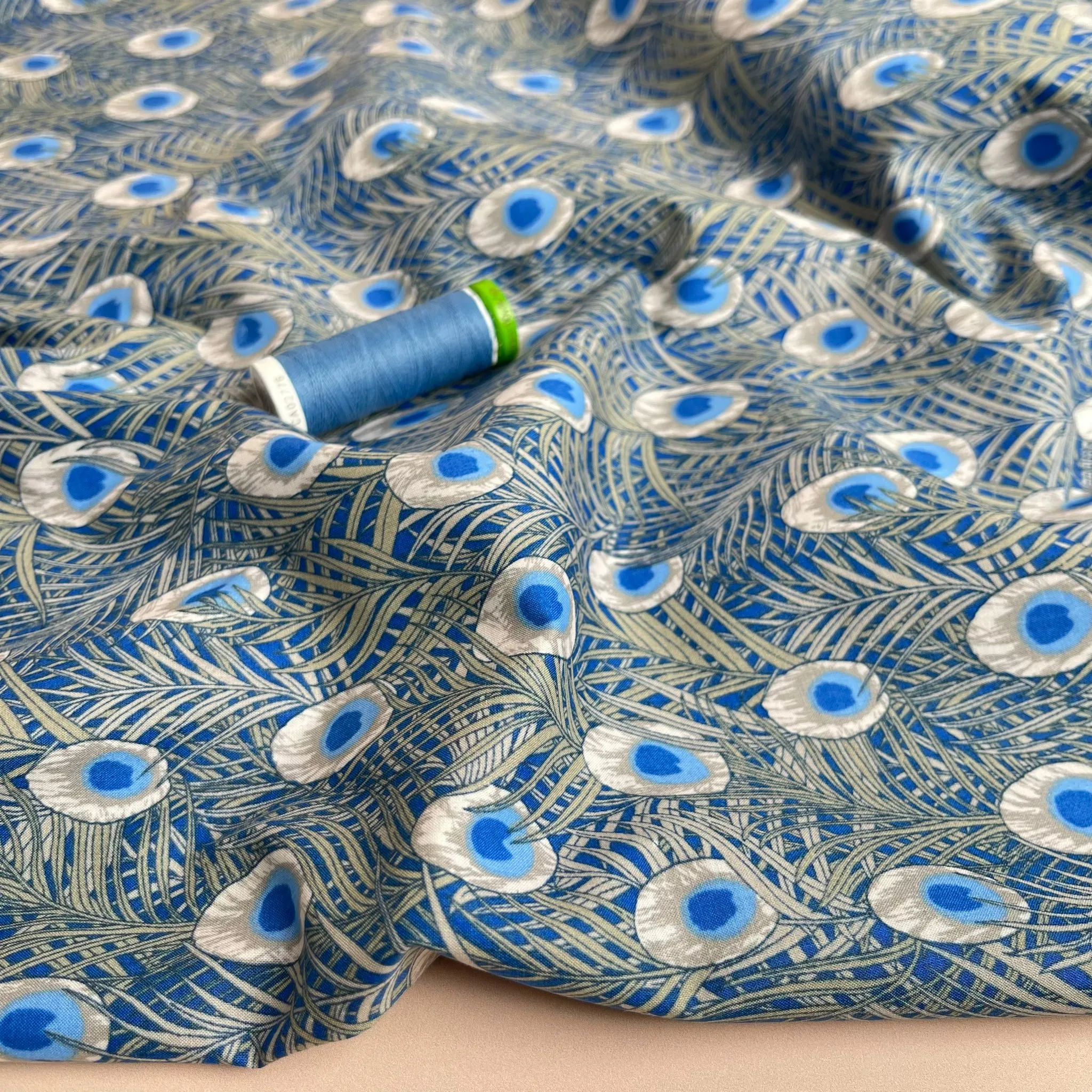 Peacock in Blue Cotton Lawn Fabric