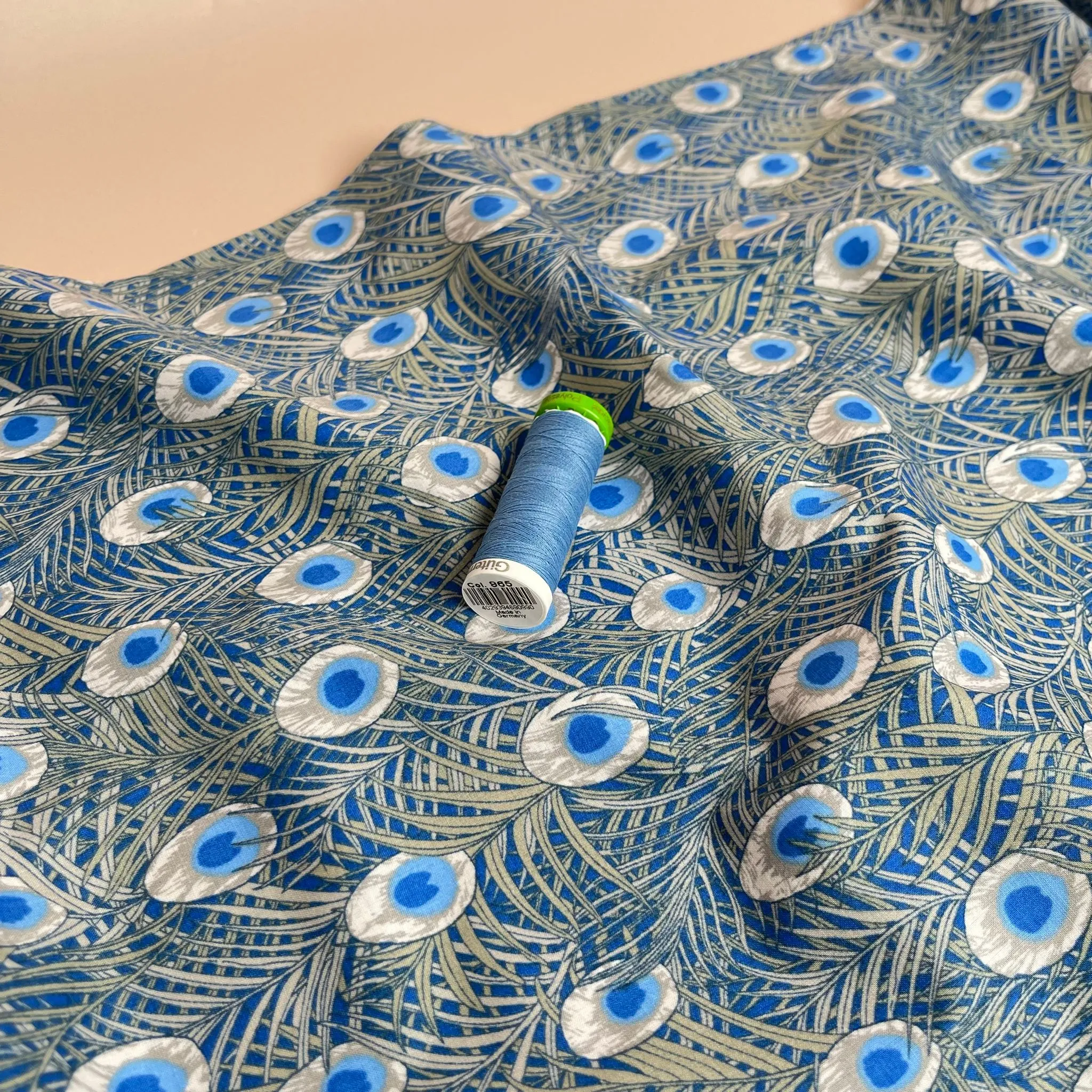 Peacock in Blue Cotton Lawn Fabric