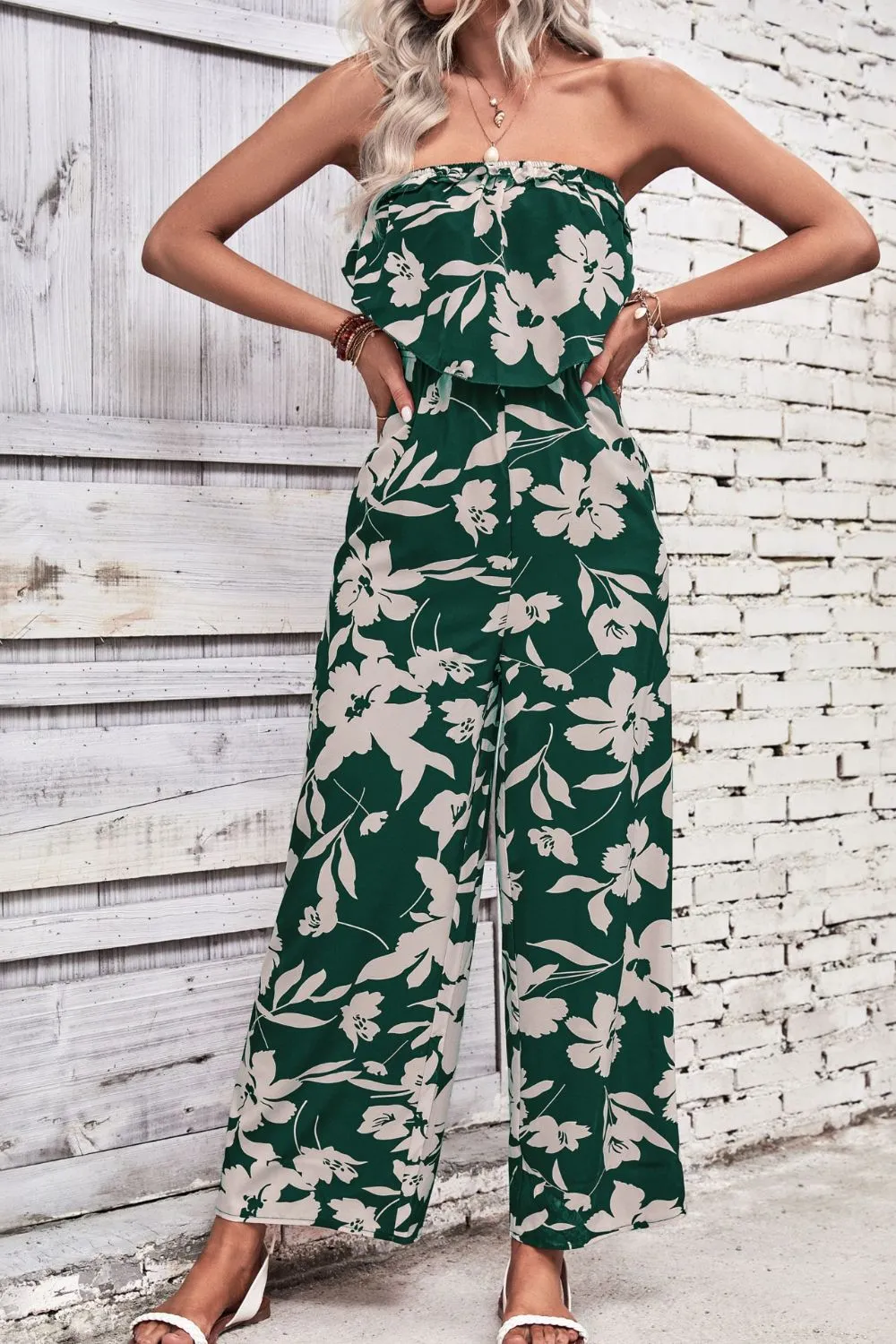 Perfee Floral Strapless Wide Leg Jumpsuit