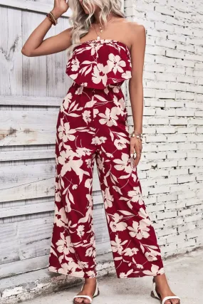 Perfee Floral Strapless Wide Leg Jumpsuit