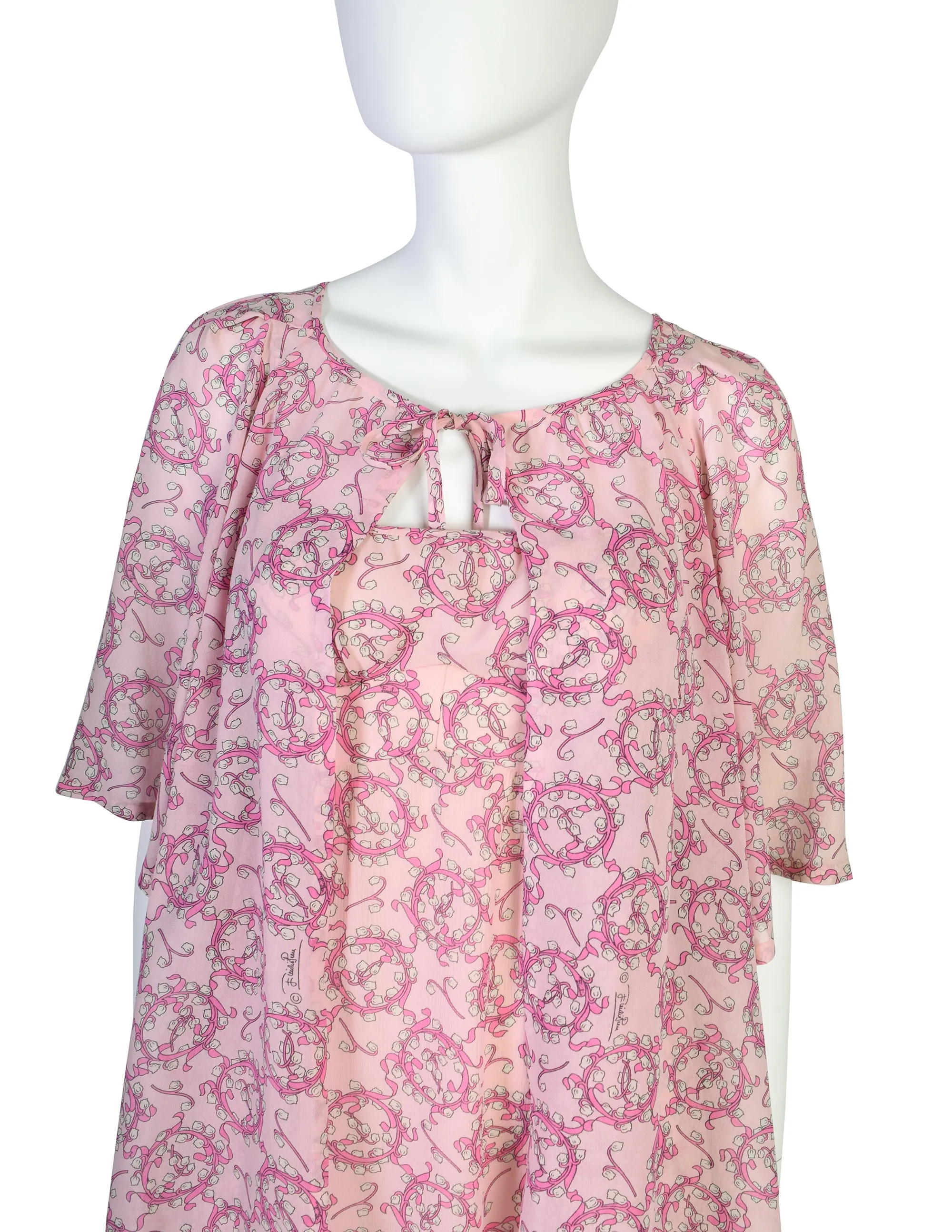 Pucci Vintage 1960s Baby Pink Lilly of the Valley Floral Print Silk Slip Dress and Jacket Ensemble Set