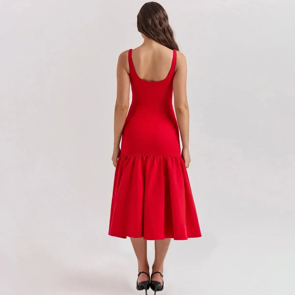 Red Spaghetti Strap Midi Holiday Dress - Casual Birthday & Christmas Party Dress