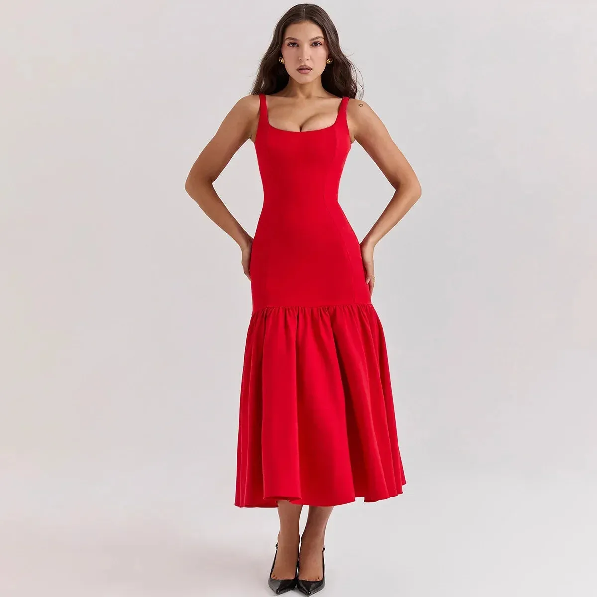 Red Spaghetti Strap Midi Holiday Dress - Casual Birthday & Christmas Party Dress