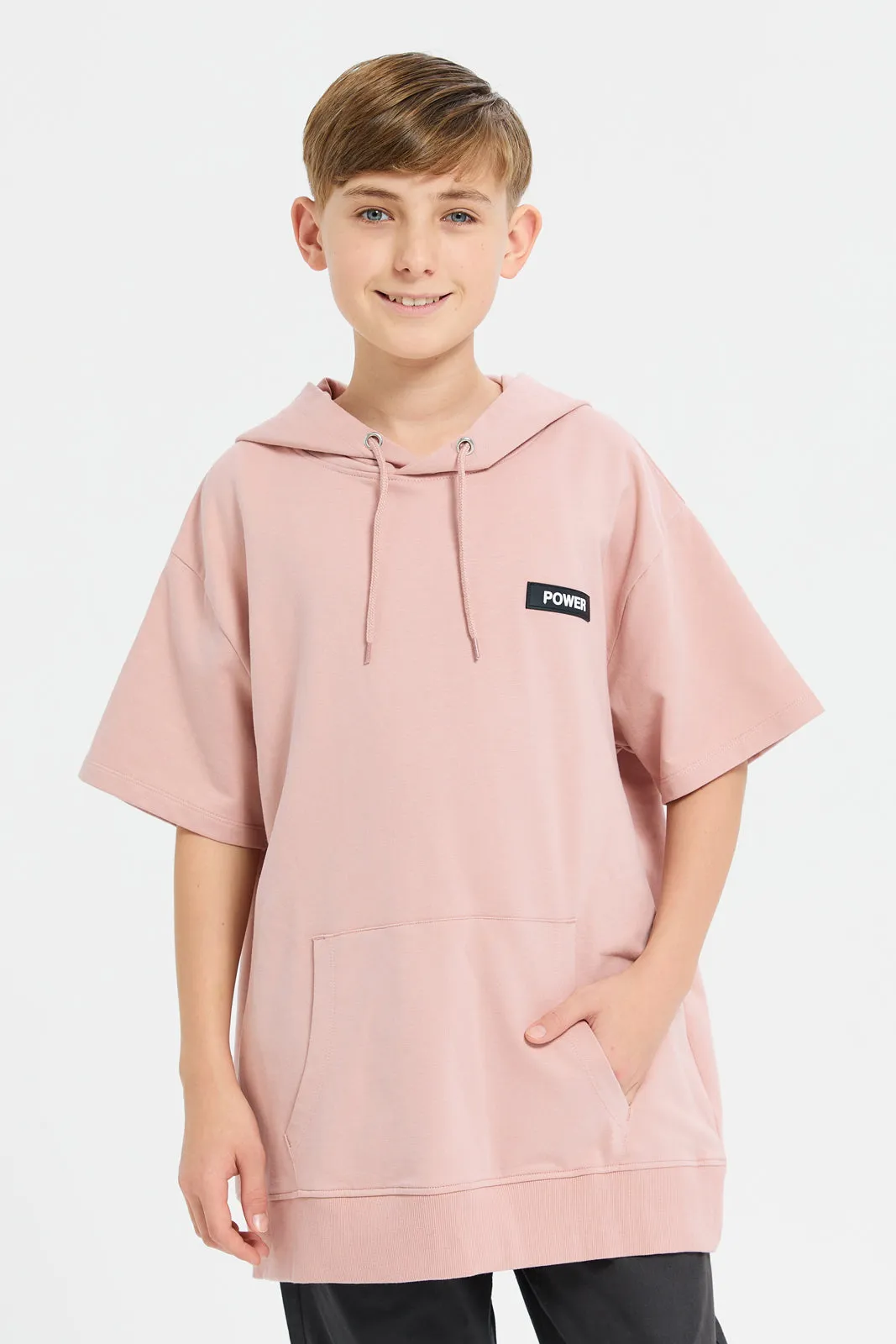 Senior Boys Coral Oversize Short Sleeve Hooded Sweatshirt