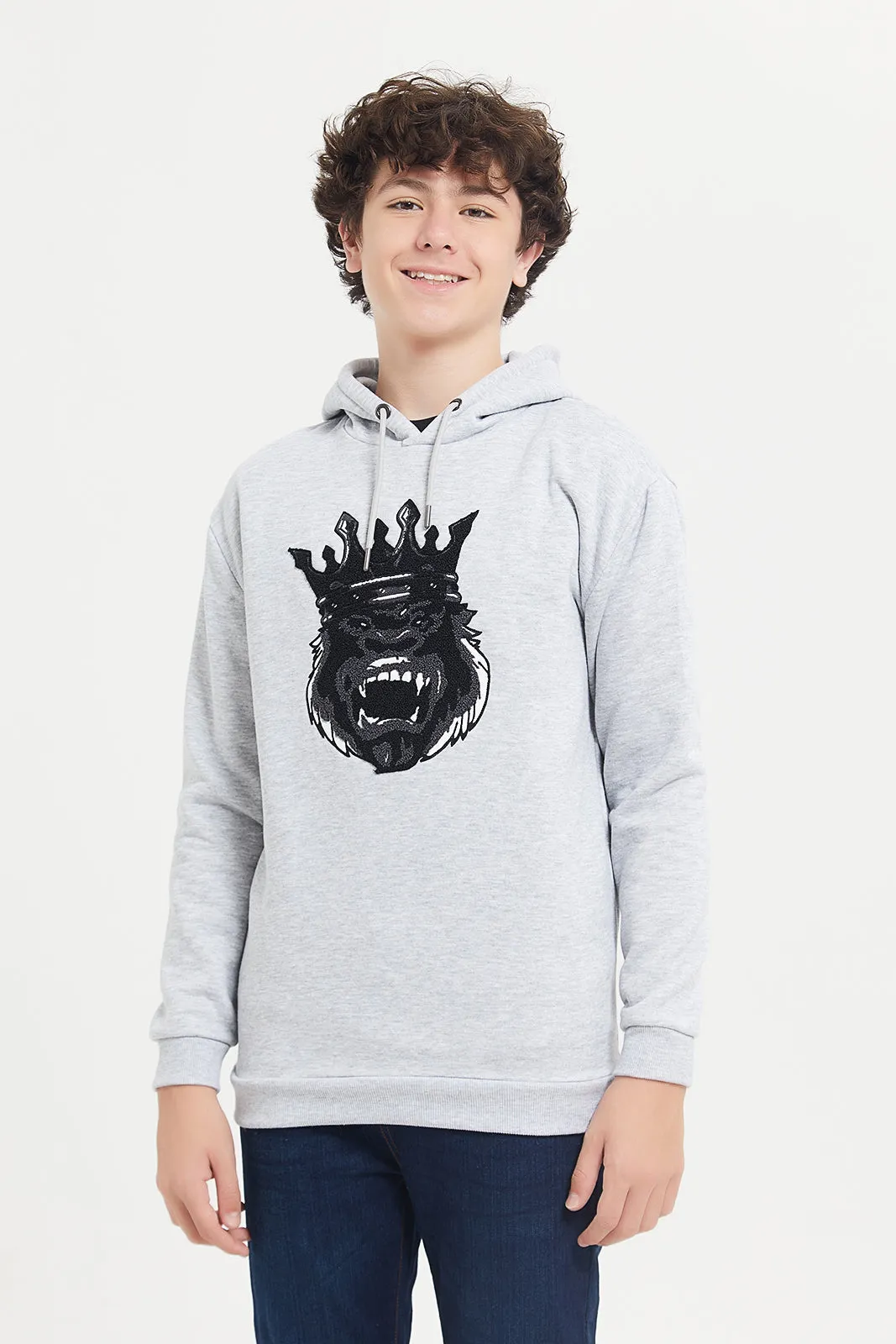 Senior Boys Grey Towel Applique Hoody Sweatshirt