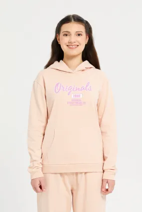 Senior Girls Beige Printed Hooded Sweatshirt