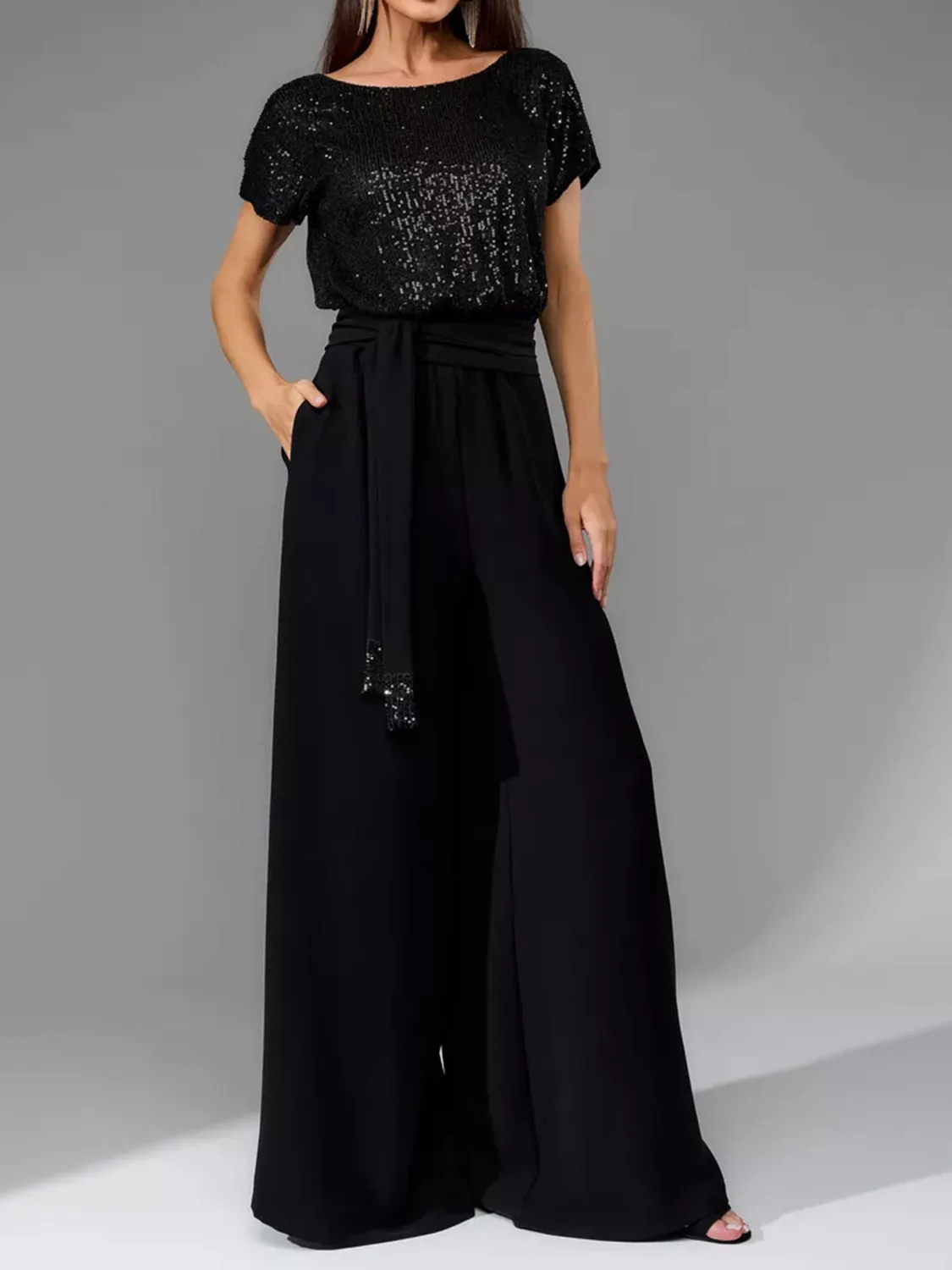 Sequin Round Neck Short Sleeve Wide Leg Jumpsuit