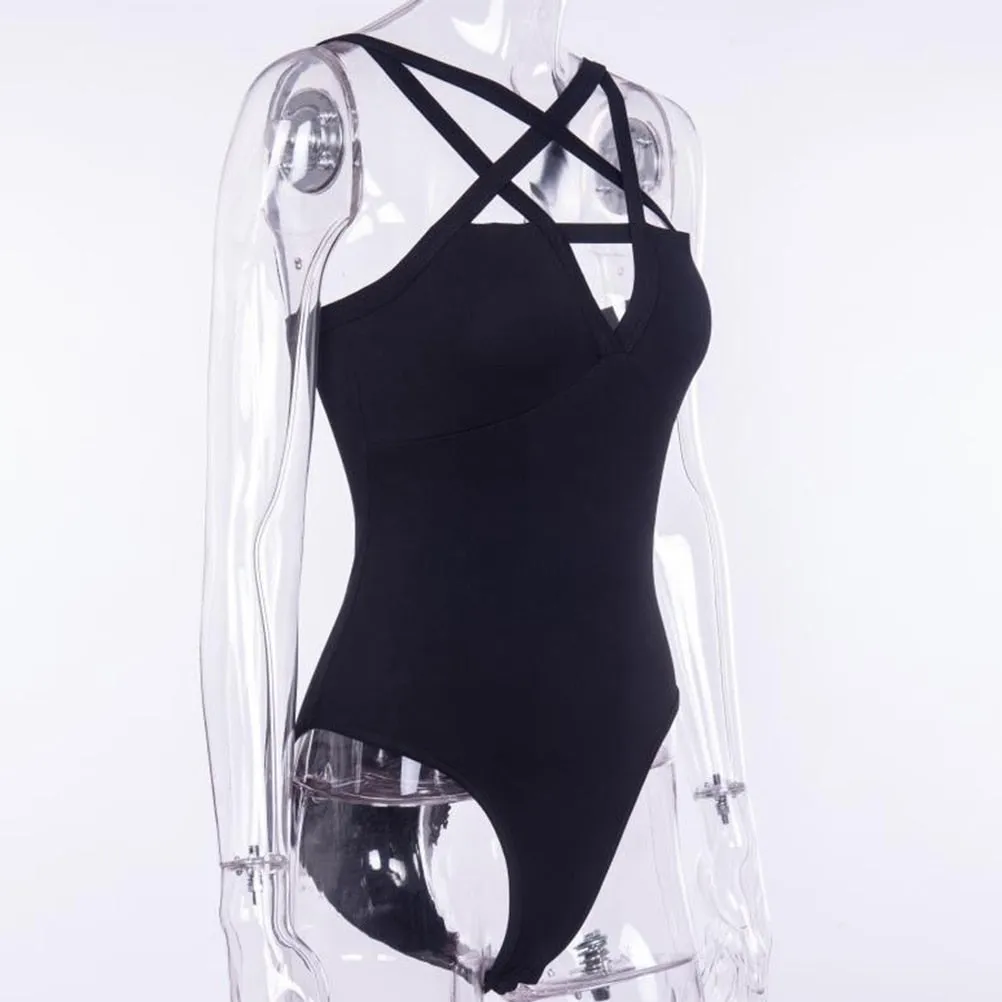 Sexy Black Gothic Women's Sleeveless Hollow Out Cross Strap Bodysuit