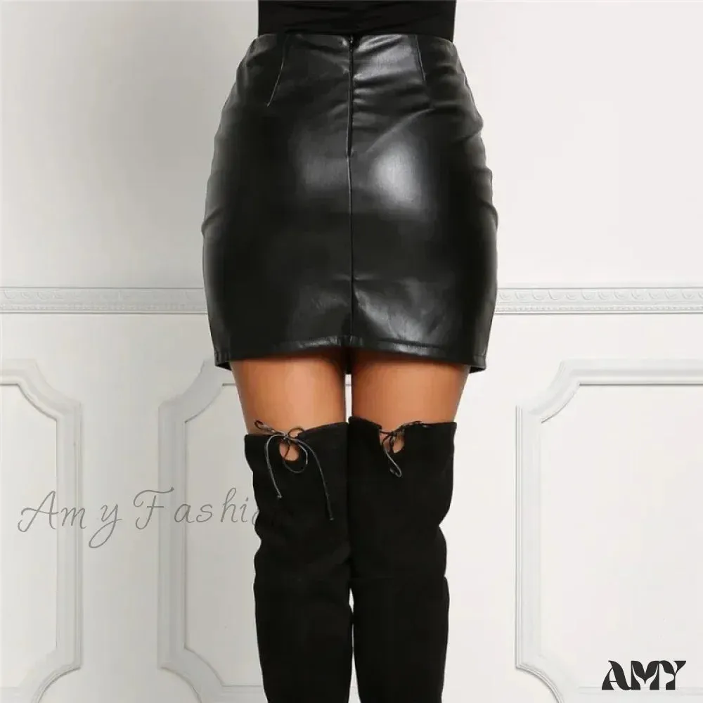 Sexy Girls Above Knee Black PU Leather High Waist Bodycon Front Split Mini Skirt