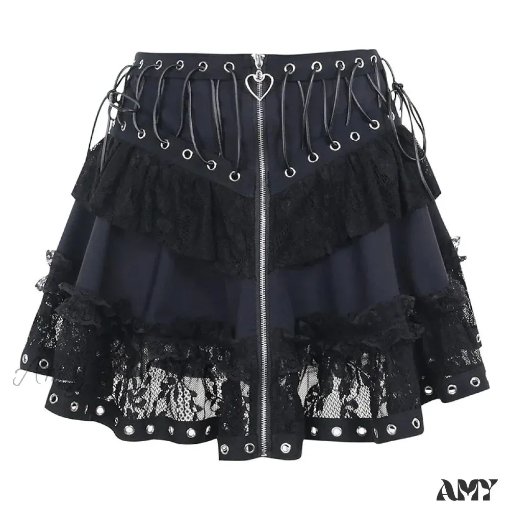 Skirt Japanese Kawaii Harajuku Zipper Black High Gothic Style Women's Skater Waist Mini Vintage Front