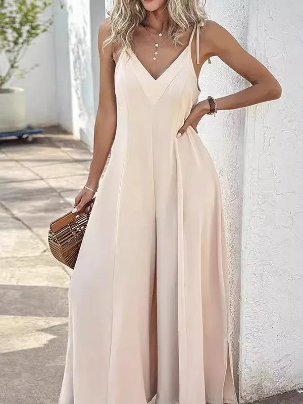 Solid Color Sleeveless Wide Leg Spaghetti-Neck Jumpsuits