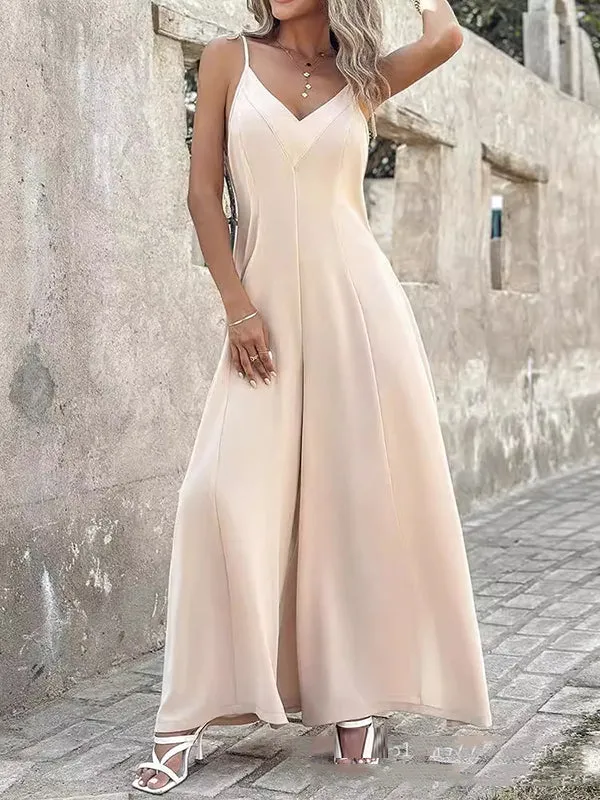 Solid Color Sleeveless Wide Leg Spaghetti-Neck Jumpsuits