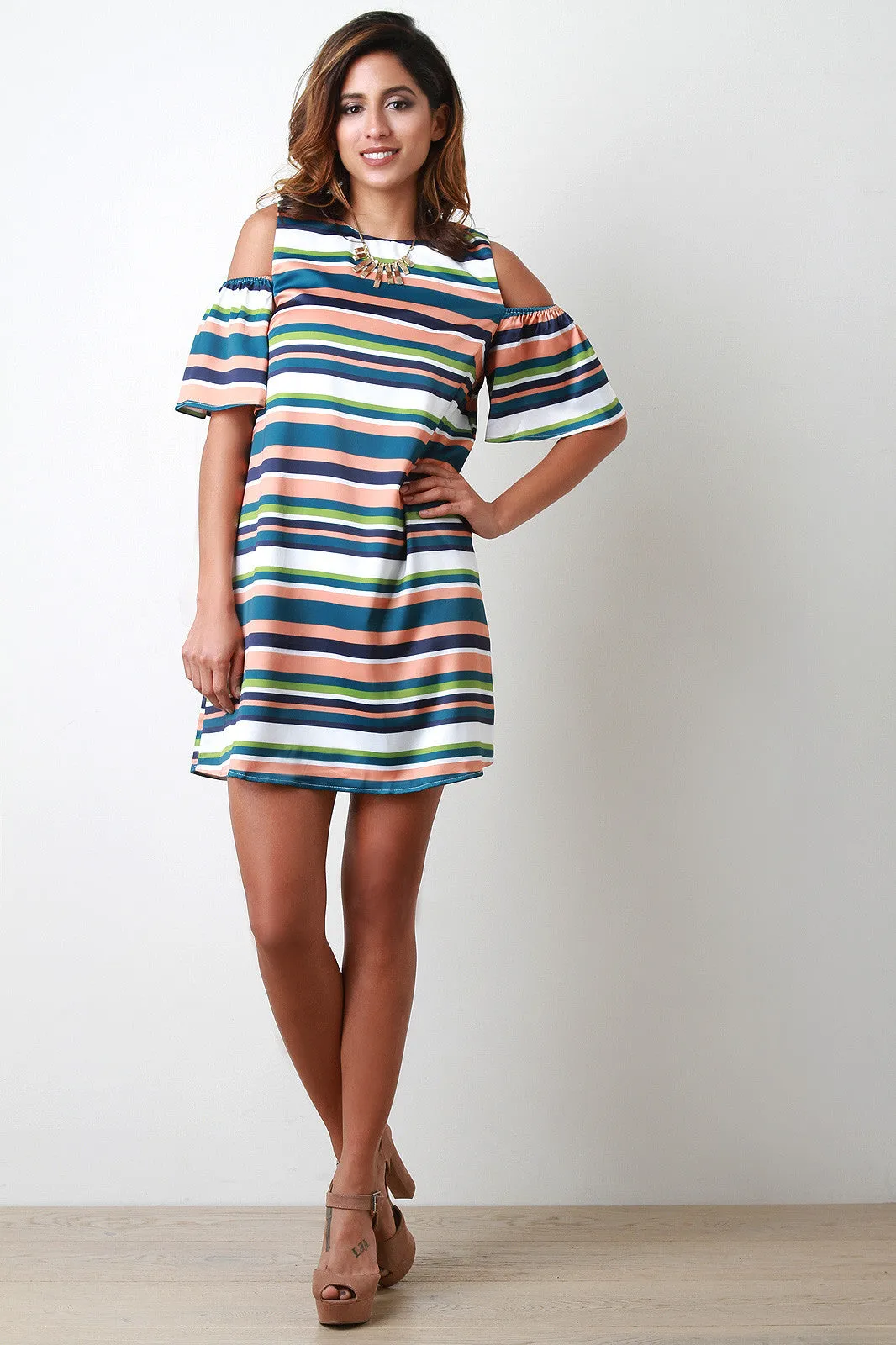 Striped Cold Shoulder Shift Dress