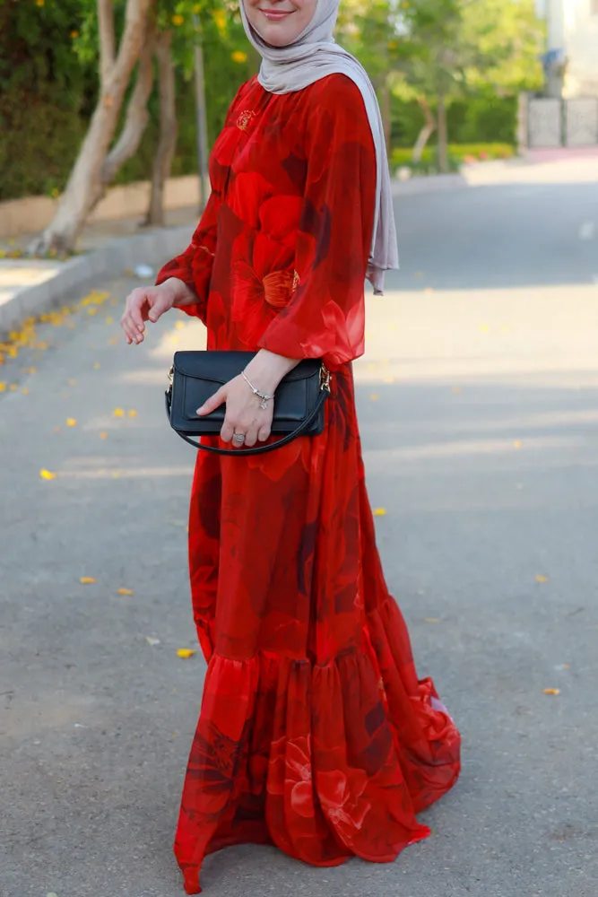 Tasneem empire waist chiffon bold flower print dress in red fully line with elasticated cuff sleeves