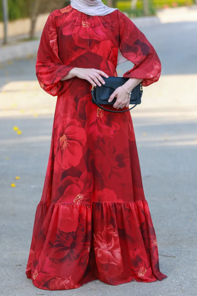 Tasneem empire waist chiffon bold flower print dress in red fully line with elasticated cuff sleeves