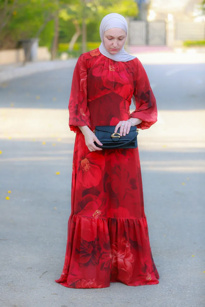 Tasneem empire waist chiffon bold flower print dress in red fully line with elasticated cuff sleeves