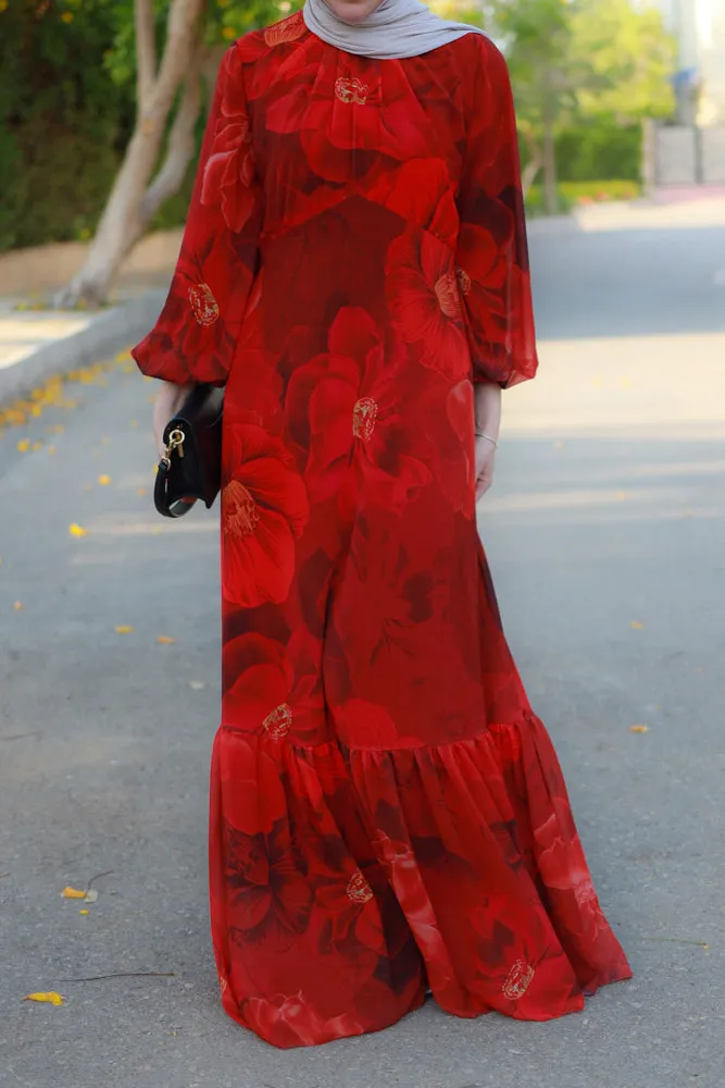 Tasneem empire waist chiffon bold flower print dress in red fully line with elasticated cuff sleeves