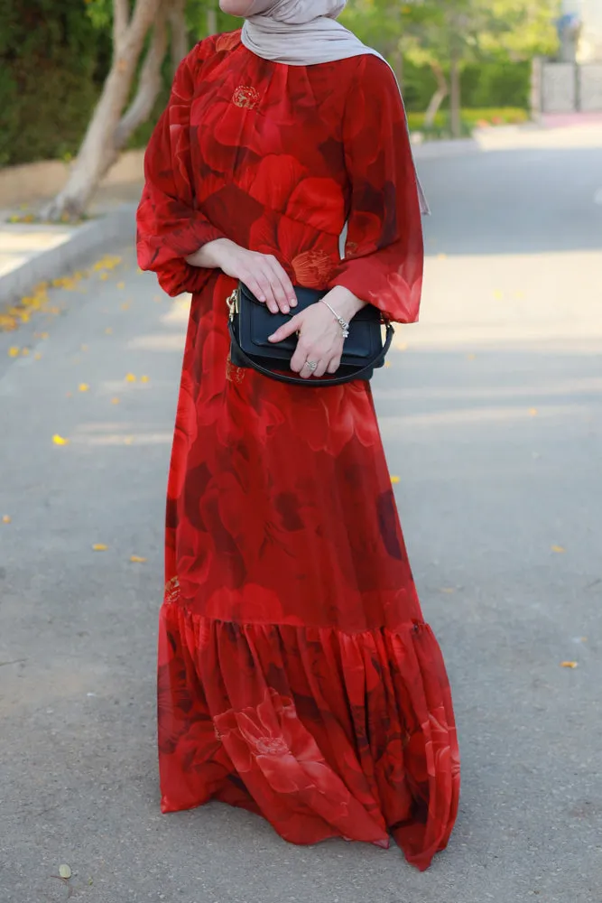 Tasneem empire waist chiffon bold flower print dress in red fully line with elasticated cuff sleeves