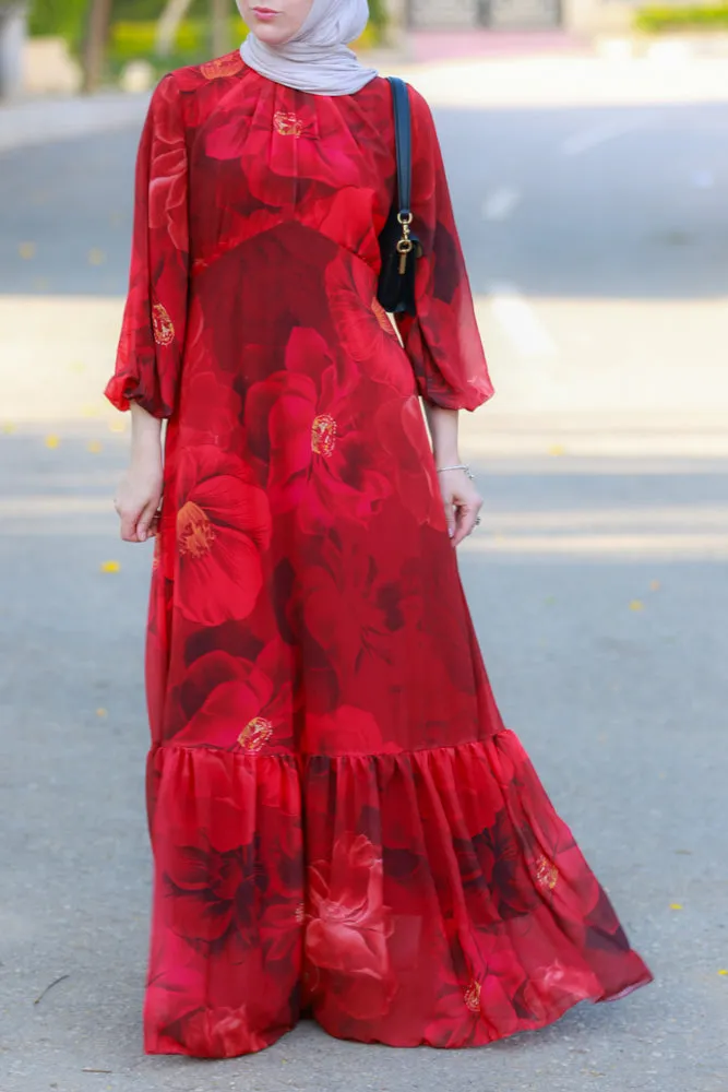 Tasneem empire waist chiffon bold flower print dress in red fully line with elasticated cuff sleeves