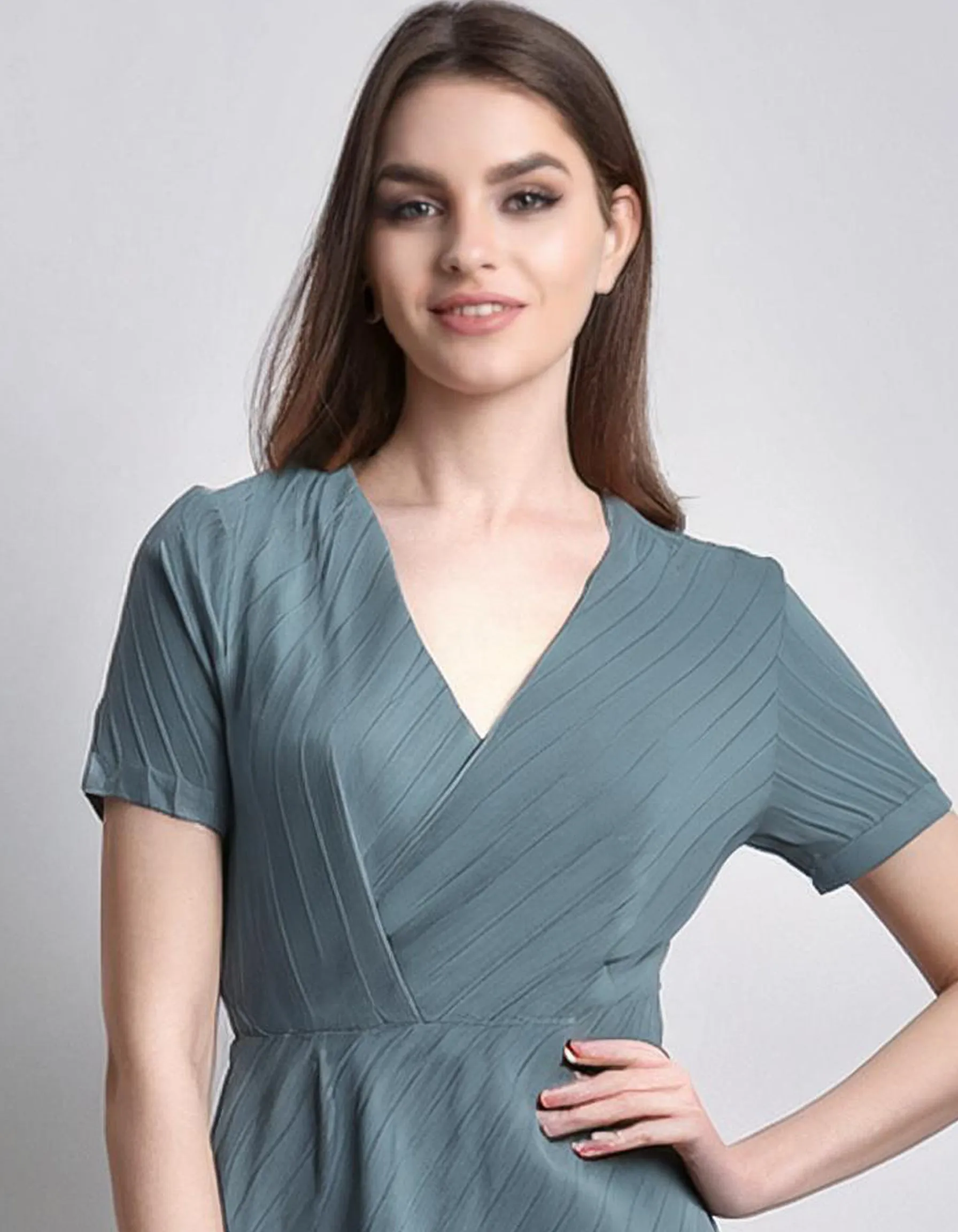 Teal V-Neck Shift Dresses