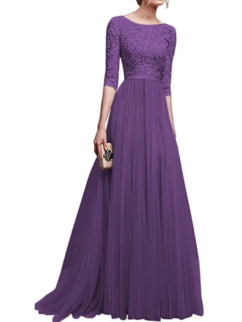 VenusFox Elegant Chiffon Lace Long Dress