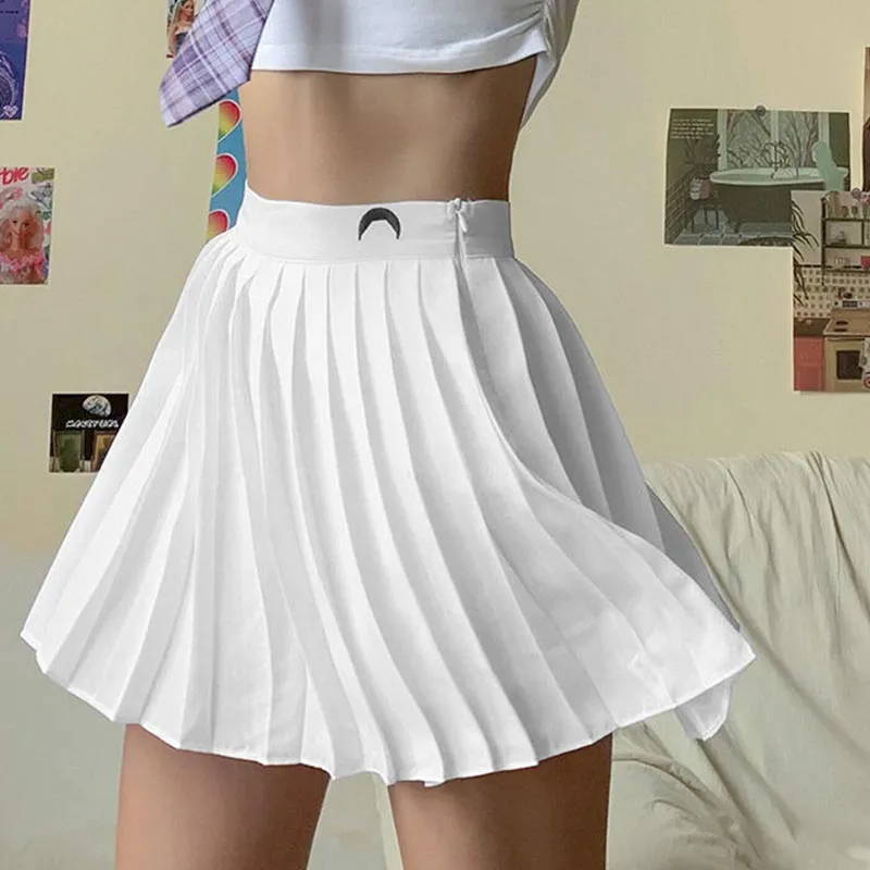 Wjczt Women Elegant Gothic Pleated Mini Skirts Elastics High Waist Embroidery Preppy Style A Line Skirt Casual Dance Skirt