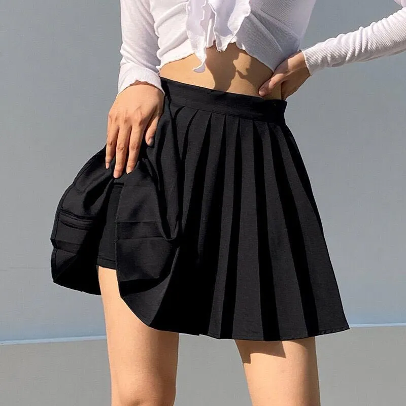 Wjczt Women Elegant Gothic Pleated Mini Skirts Elastics High Waist Embroidery Preppy Style A Line Skirt Casual Dance Skirt