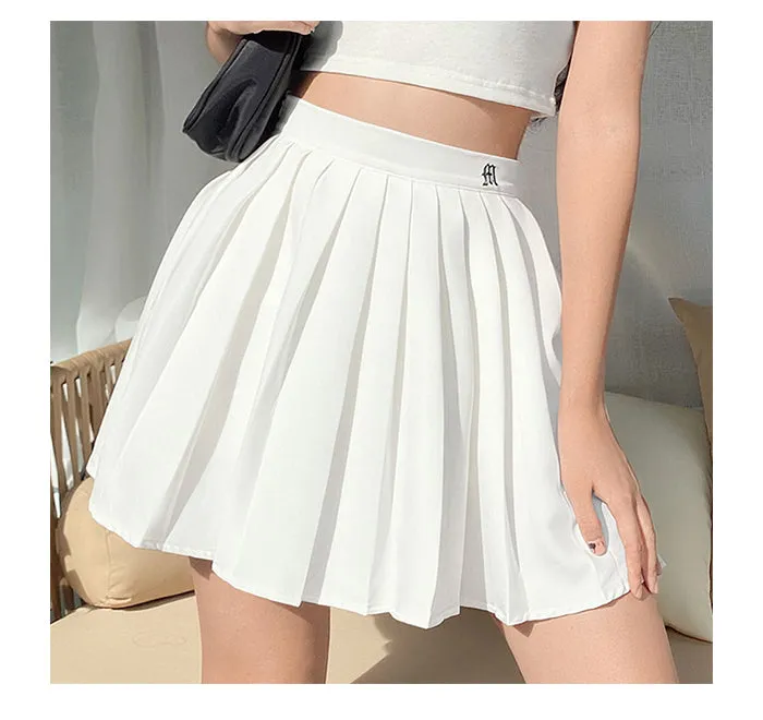 Wjczt Women Elegant Gothic Pleated Mini Skirts Elastics High Waist Embroidery Preppy Style A Line Skirt Casual Dance Skirt