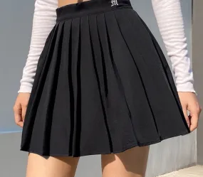 Wjczt Women Elegant Gothic Pleated Mini Skirts Elastics High Waist Embroidery Preppy Style A Line Skirt Casual Dance Skirt