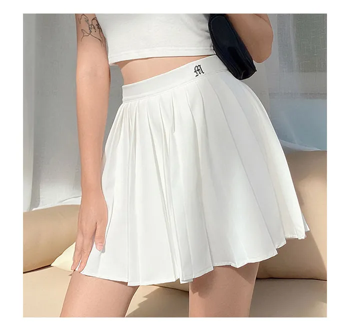 Wjczt Women Elegant Gothic Pleated Mini Skirts Elastics High Waist Embroidery Preppy Style A Line Skirt Casual Dance Skirt