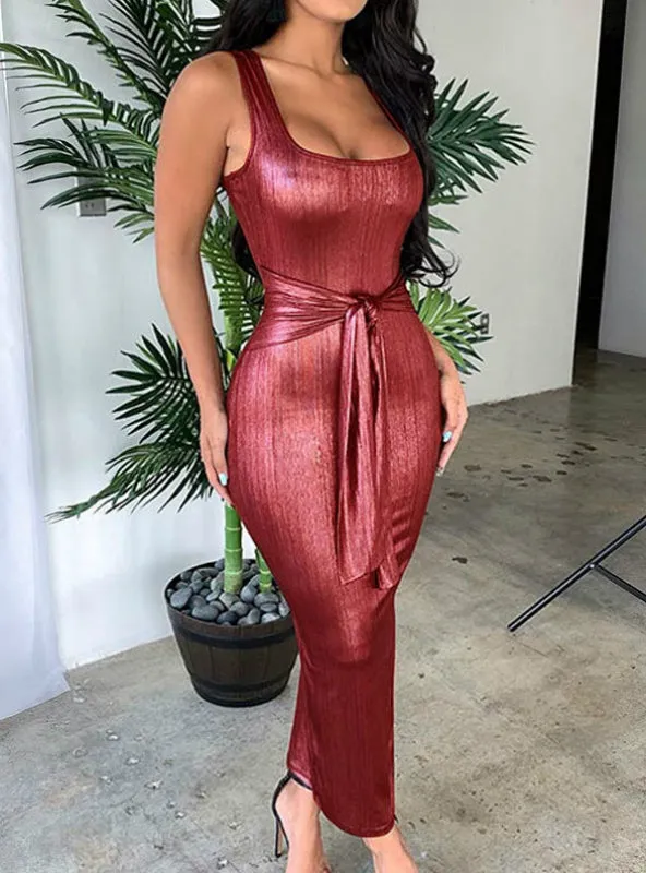 Women Knot Front Solid Metallic Party Dress