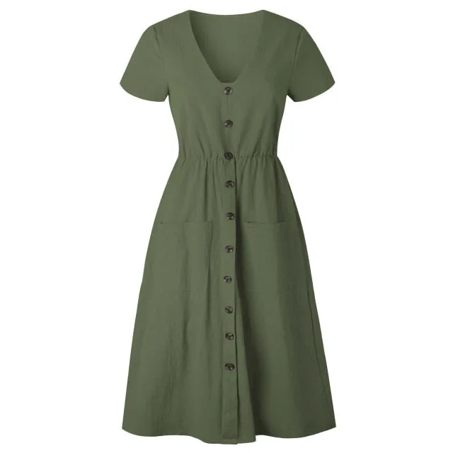 Women V-neck Short Sleeve Midi Dresses