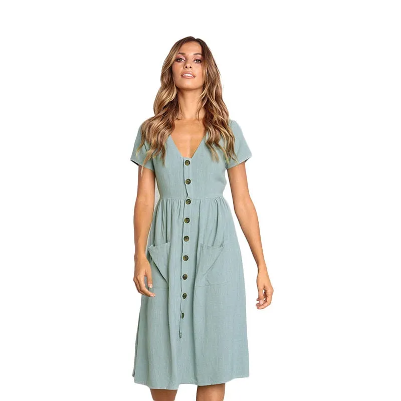 Women V-neck Short Sleeve Midi Dresses