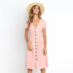 Women V-neck Short Sleeve Midi Dresses