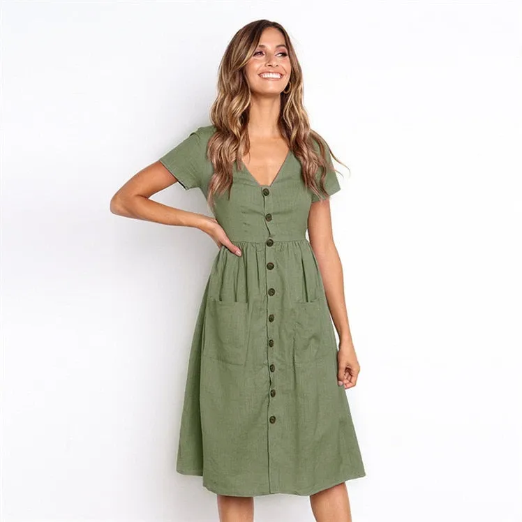 Women V-neck Short Sleeve Midi Dresses