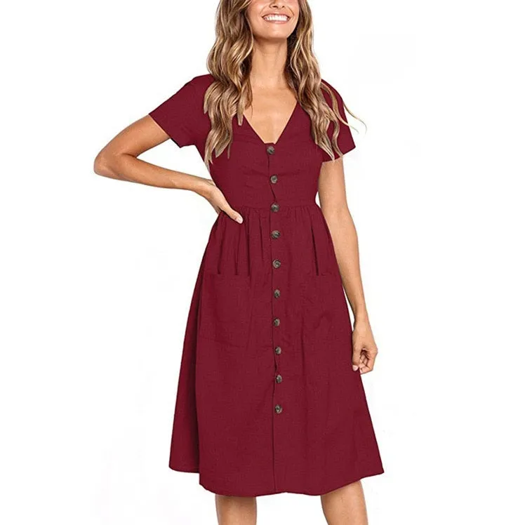 Women V-neck Short Sleeve Midi Dresses