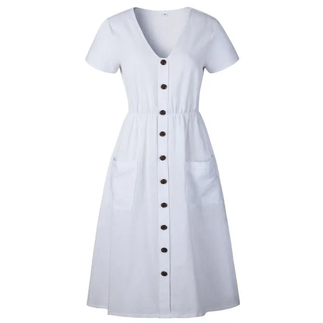 Women V-neck Short Sleeve Midi Dresses