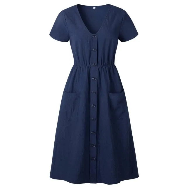 Women V-neck Short Sleeve Midi Dresses