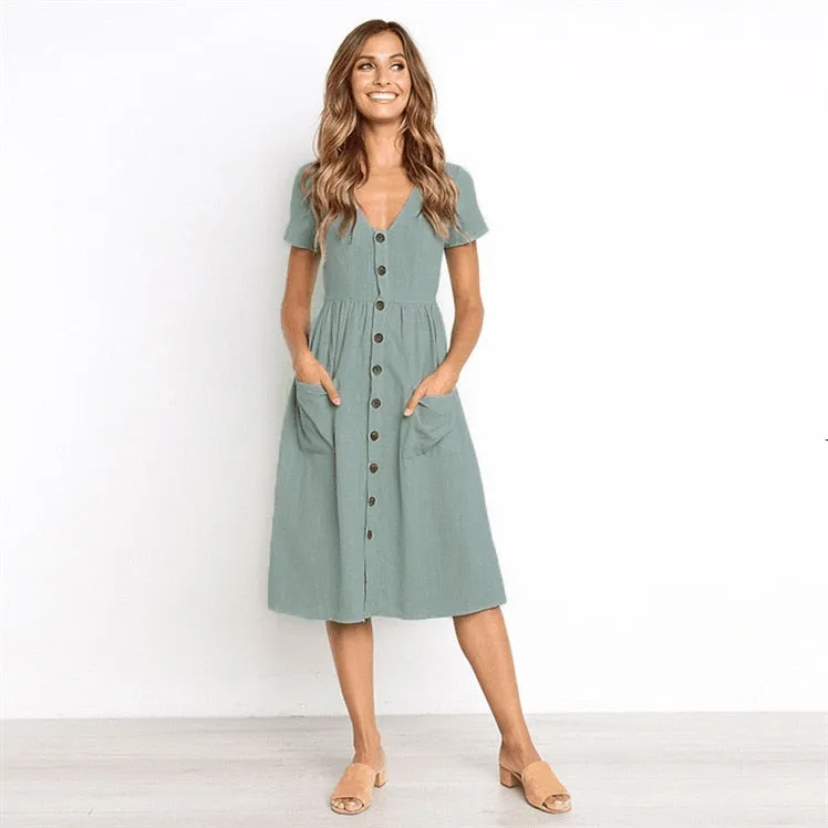 Women V-neck Short Sleeve Midi Dresses