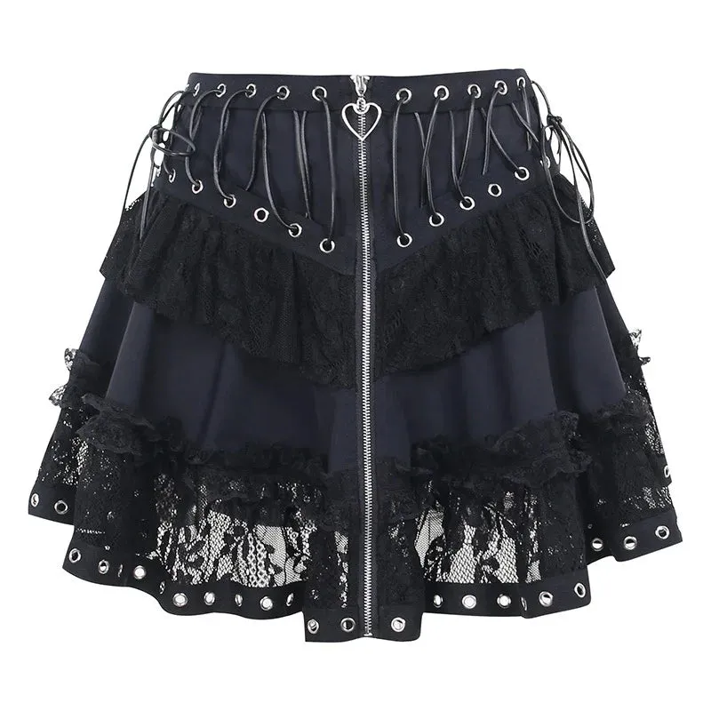 Women's Front Style Harajuku Skater Vintage Japanese Zipper High Black Waist Mini Kawaii Gothic Skirt